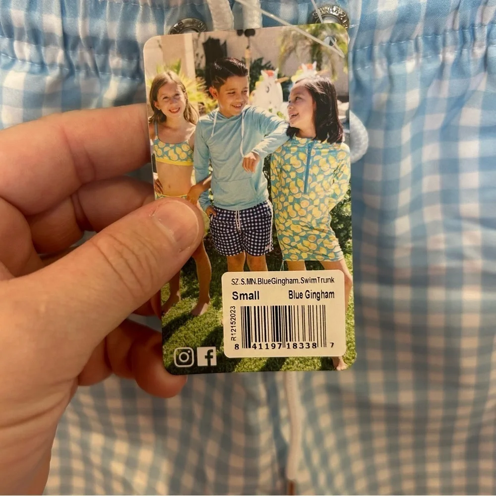SwimZip Swim Trunks Boxer Brief Liner, Blue Gingham, Small